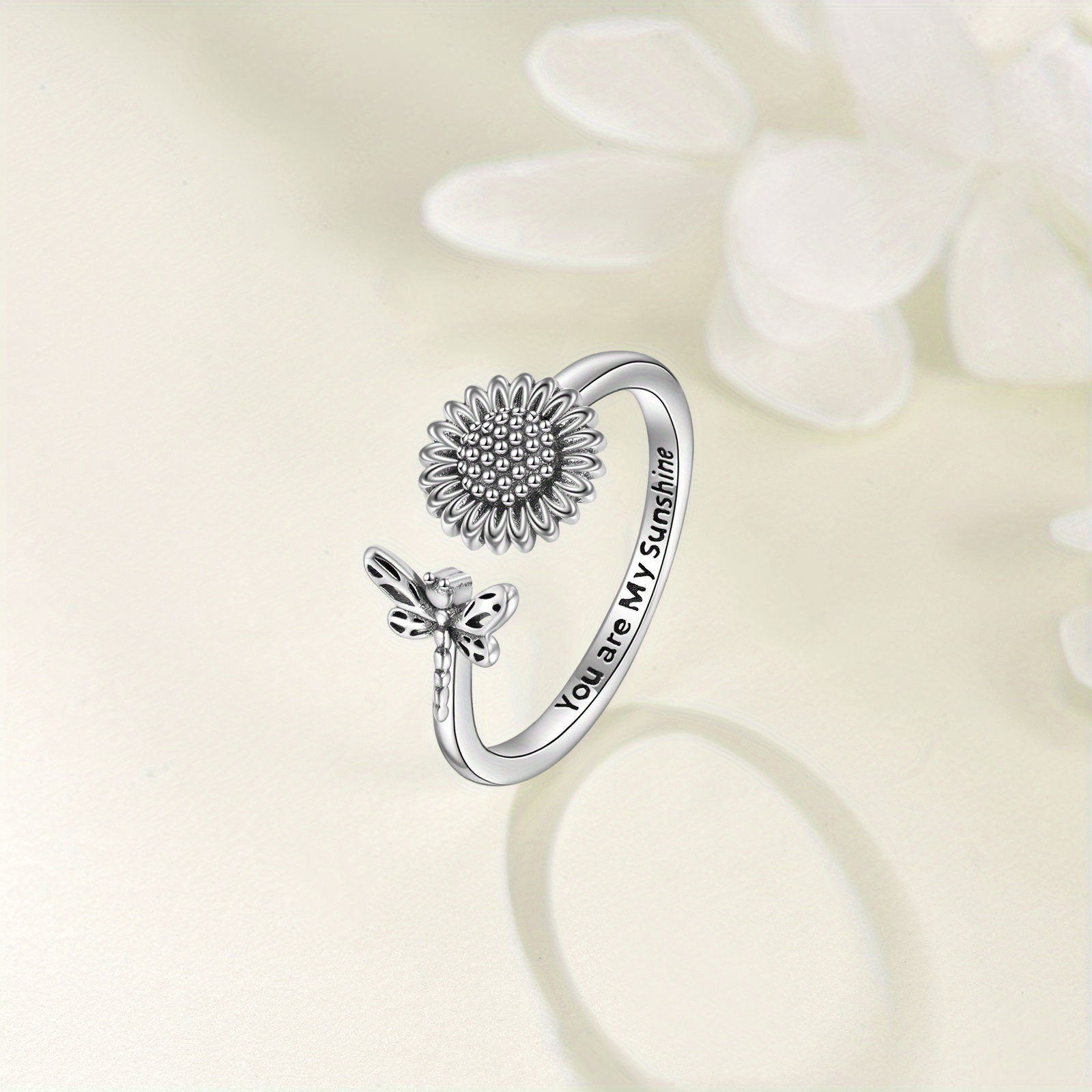 Sunflower Dragonfly Ring Sterling Silver Adjustable Vintage Sunflower Ring